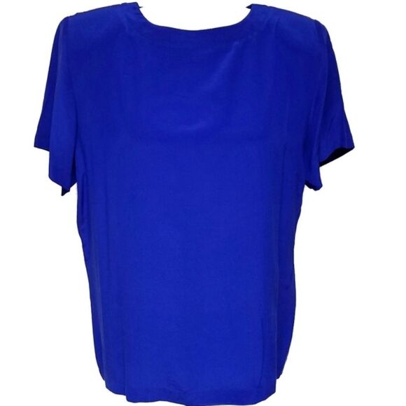 Vintage 80s Pia Rucci Royal Blue Silk Short Sleeve Crewneck Boxy Blouse M - Picture 4 of 11